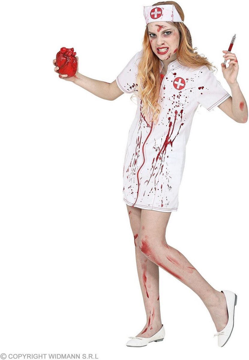 Verpleegster & Masseuse Kostuum | Besmeurd Met Bloed Zombie Verpleegster Kind | Meisje | Maat 128 | Halloween | Verkleedkleding